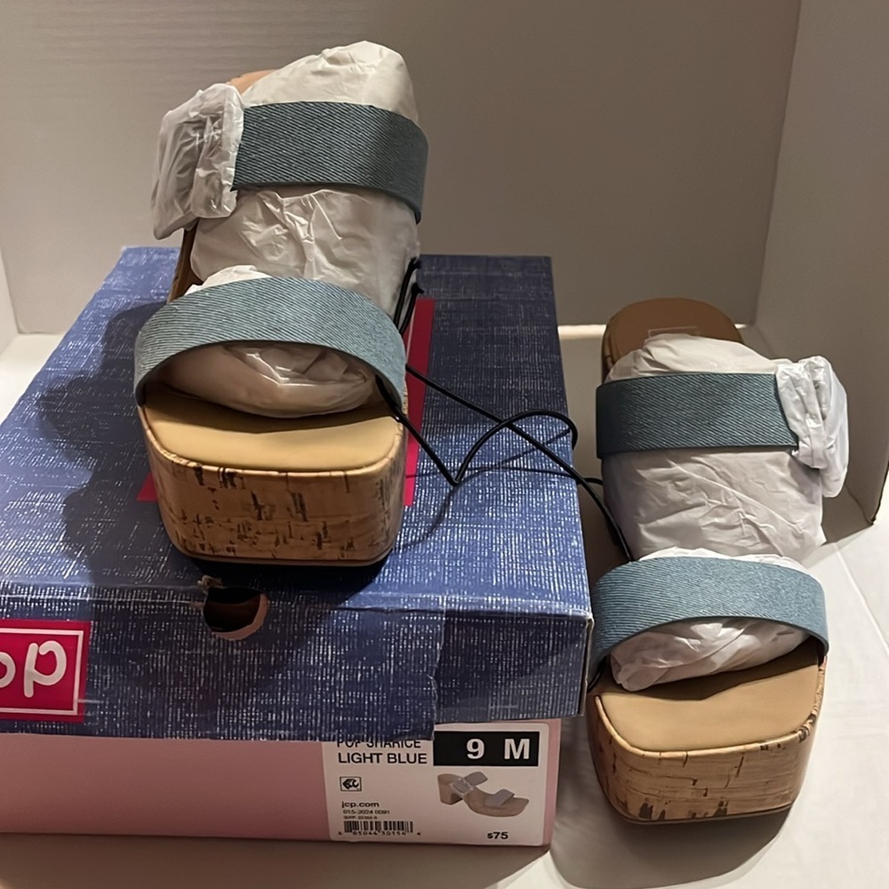 NWT-pop-9M-Sharice light blue-soft denim, gemstone buckle, Cork heeled sandals. - Picture 6 of 7
